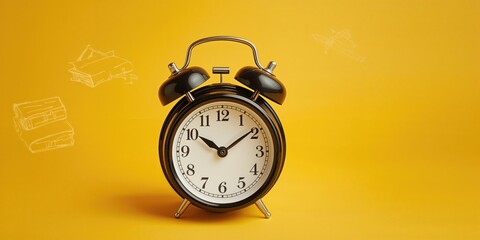 Classic twin bell alarm clock ringing on colorful trendy backdrop, highlighting vintage design