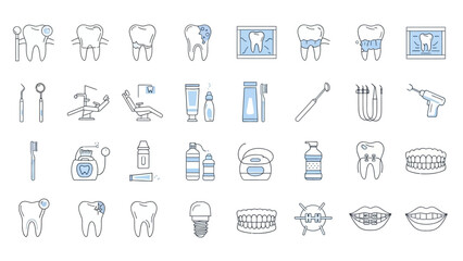 Collection of Dental Care Icons Illustrating Oral Hygiene and Treatment Options