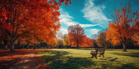 Naklejka premium City park during fall with colorful leaves highlighting seasonal change, ideal for background use