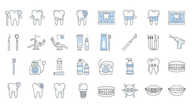 Collection of Dental Care Icons Illustrating Oral Hygiene and Treatment Options