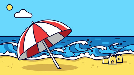 Whimsical seaside scene with striped parasol sandcastles and calming oceanic backdrop © Anisah