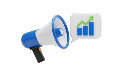 Blue and White Megaphone with Speech Bubble Showing Upward Trending Business Growth Chart on Transparent Background