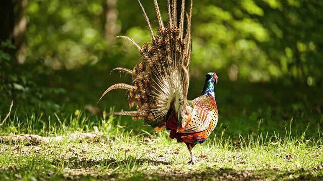4K video of a red-bellied pheasant (phasianus colchicus) performing its vibrant mating dance, the male spreading stunning feathers in a colorful, graceful display of natural beauty & wildlife behavior