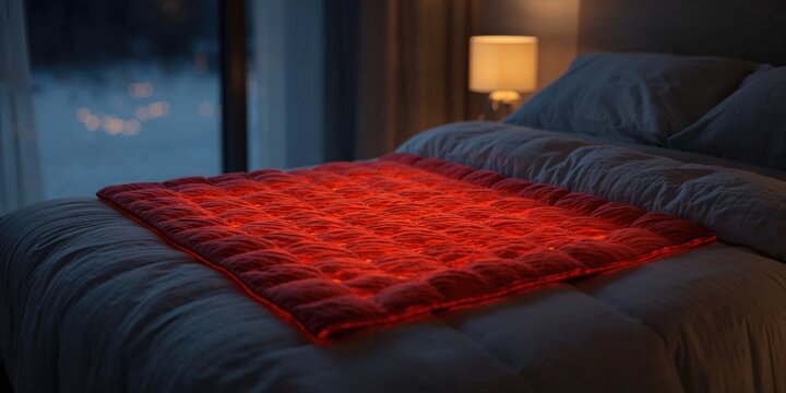 Electric heating blanket on a bed at night used for thermotherapy, health awareness day