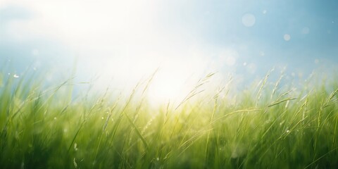 Abstract natural background with green summer grass, backlit, blurred image, shallow depth of field, suitable for editorial header background