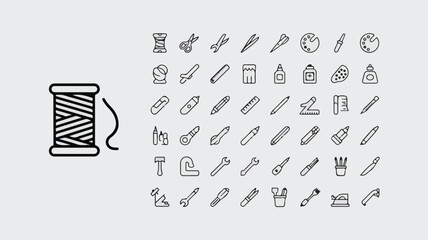 Clean vector illustration set of sixty minimalist line art icons for crafting, sewing, art, and do-it-yourself hobbies, isolated on a light background