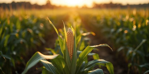 Fototapeta premium Detailed view of a corn cob growing in an organic farm setting highlighting natural cultivation, Earth Day