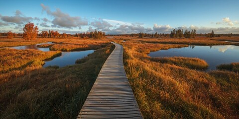 Naklejka premium Aerial perspective of a wooden footbridge leading into the Kemeri bog, highlighting wilderness landscape, Earth Day