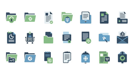 A variety of document management and productivity icons arranged neatly on a white surface