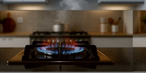 Gas oven burner with visible flame in a kitchen setting, energy efficiency and safety precautions