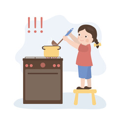 Little girl is cooking food on the stove. Fire hazard, the child is handling fire and food alone. Warning signs.