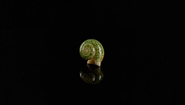 Marine shell specimen with vivid green hue on glossy black background, highlighting conservation awareness