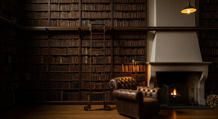 A library wall spanning floor-to-ceiling, filled with thousands of aged leather-bound books. Include a rolling ladder and a worn, oversized leather armchair positioned in front of a flickering, tradit