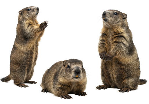 Three marmota monax groundhogs in alert, curious poses, one standing upright, isolated against a bright white studio backdrop, concept of groundhog day study
