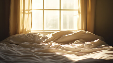 A cozy morning scene of a crumpled linen bed with sunlit drapes filtering light from a window, creating a tranquil atmosphere in a personal space, evoking a sense of rest and relaxation.