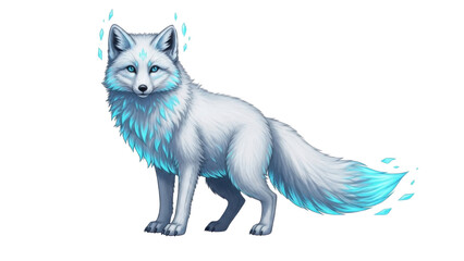 Obraz premium Mythical White Arctic Fox Illustration with Glowing Blue Crystals and Ice Elements isolated PNG with Transparent Background