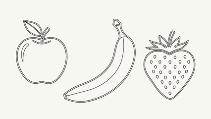 Outline of common fruits arrangement featuring an apple banana and a strawberry illustration