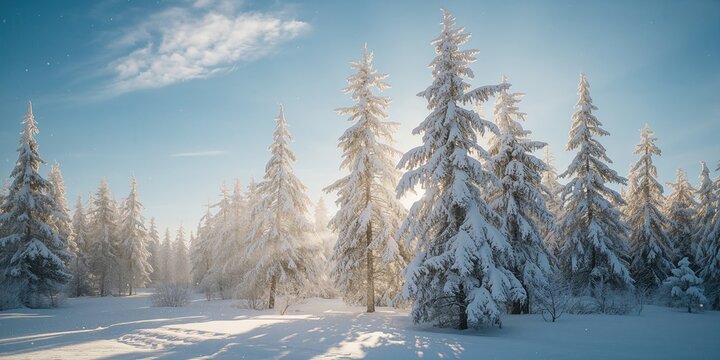 Bright sunlight illuminating a snow-blanketed forest scene in Larvik Norway during winter