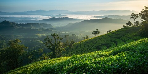 Naklejka premium Lush green landscape in Pangalengan used as a natural backdrop for scenic photography, Earth Day