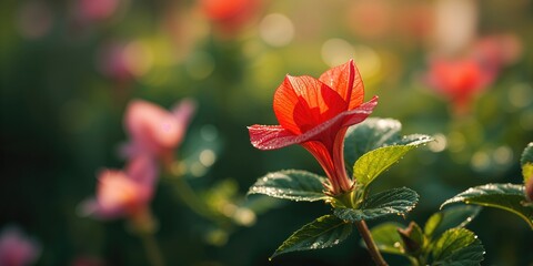 Colorful red begonia blooming among garden foliage, highlighting flowering plant health