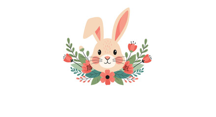 Fototapeta premium Cute portrait of a happy Easter bunny's head surrounded by a beautiful wreath of spring flowers leaves and foliage.
