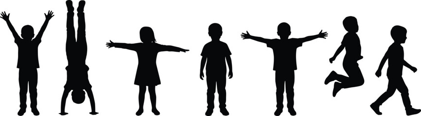 Silhouettes of active children jumping, stretching, balancing, and playing in various poses, isolated on white background, representing movement, freedom, childhood energy, and fun activities