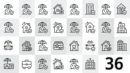 A clean vector illustration set of 50 minimalist icons representing insurance and protection for homes, businesses, and vehicles