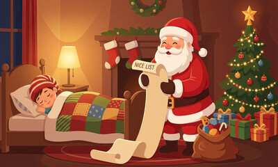 Santa claus checks his naughty and nice list by a sleeping child