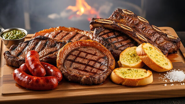 Churrasco misto photographed on wooden cutting board with grilled meats sausage and p&atilde;o de alho under warm smoky barbecue lighting