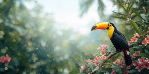 Fototapeta premium Colorful toucan resting on a tree branch amidst tropical flowers, highlighting rainforest biodiversity, World Environment Day