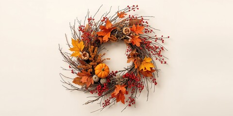 Decorative wreath made of branches with berries orange leaves pumpkin and dried flowers, seasonal fall decor