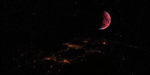 Obraz premium Earth's nighttime landscape with city lights and Mars shining in the background, illustrating celestial observation at night