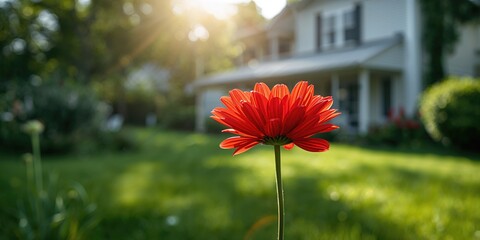 Vivid red flower in a garden setting serving as a decorative background for outdoor design, Earth Day