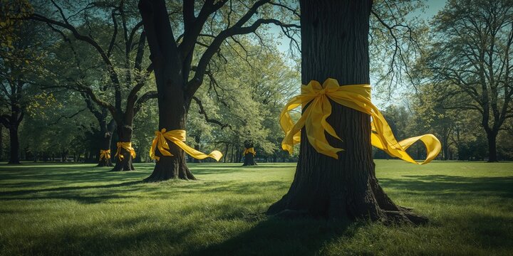 Park with yellow ribbons between trees serving as a visual campaign for hostage release and missing persons awareness