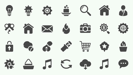 Diverse set of minimalistic monochromatic icons representing various concepts and themes