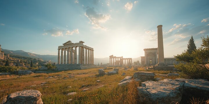 Ruins and monuments at an archaeological site of Olympia in Athens, illustrating historical conservation