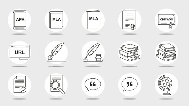 Collection of research and writing tools with academic formatting styles line art icons