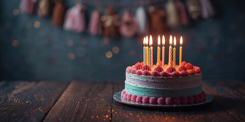 Sweet layered birthday cake topped with candles for a sweet sixteen event, festive occasion