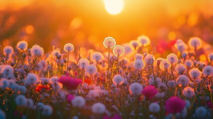 Vibrant wildflowers at sunset
