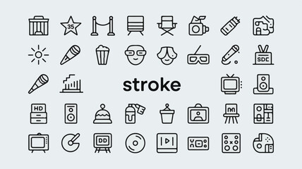 A collection of entertainment and media related icons featuring symbols for cinema, music, and broadcasting, presented in a clean vector art style