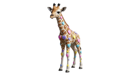 Obraz premium Cute 3D Render of Baby Giraffe with Colorful Pastel Heart-Shaped Spots isolated PNG with Transparent Background