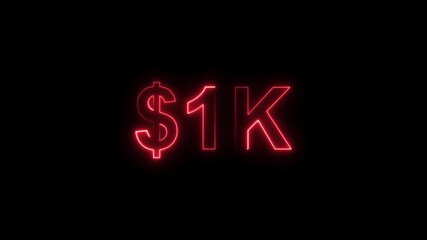 Neon line bright 1k followers icon isolated red color animation on black background. Vibrant neon shiny 1k text red color animation digits for high-Resolution. 