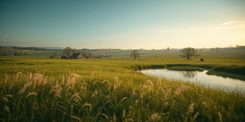 Naklejka premium Scenic village meadow with expansive horizon view, suitable for nature-themed editorial headers