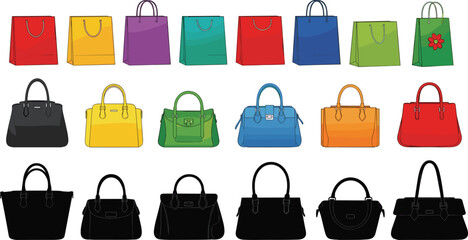 Collection of shopping bags and handbags including colorful tote bags fashion purses luxury bags retail accessories illustration for store boutique design use