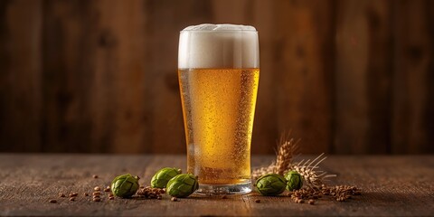 Beer bottle and glass with hop cones, brewing process for quality control, World Beer Day