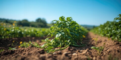 Naklejka premium French beans on a vegetable patch used for home gardening, seasonal growth patterns