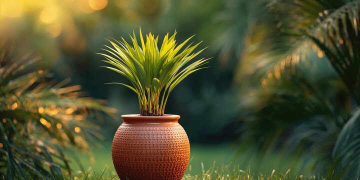 Potted coconut shoots against a natural backdrop, showcasing sustainable gardening practices, Earth Day