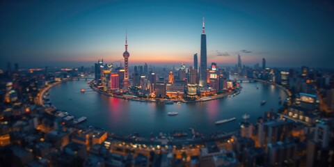 Abstract panoramic scene of the Huangpu River in Shanghai, highlighting city skyline and waterway, Urban Development Awareness