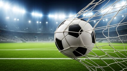 A classic black and white soccer ball is caught in the net of a goalpost on a brightly lit sports stadium field during a nighttime match
