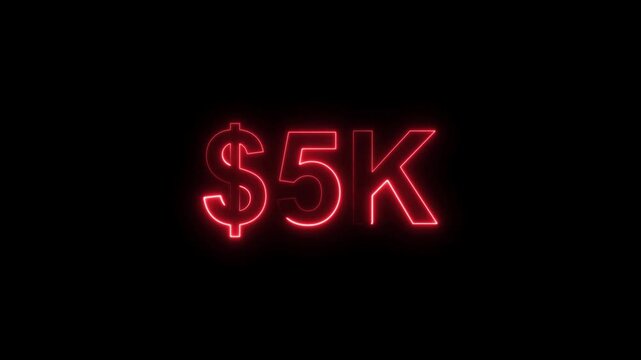 Neon line bright 5k followers isolated red color animation on black background. Vibrant neon shiny 5k text red color animation digits for high-resolution. 